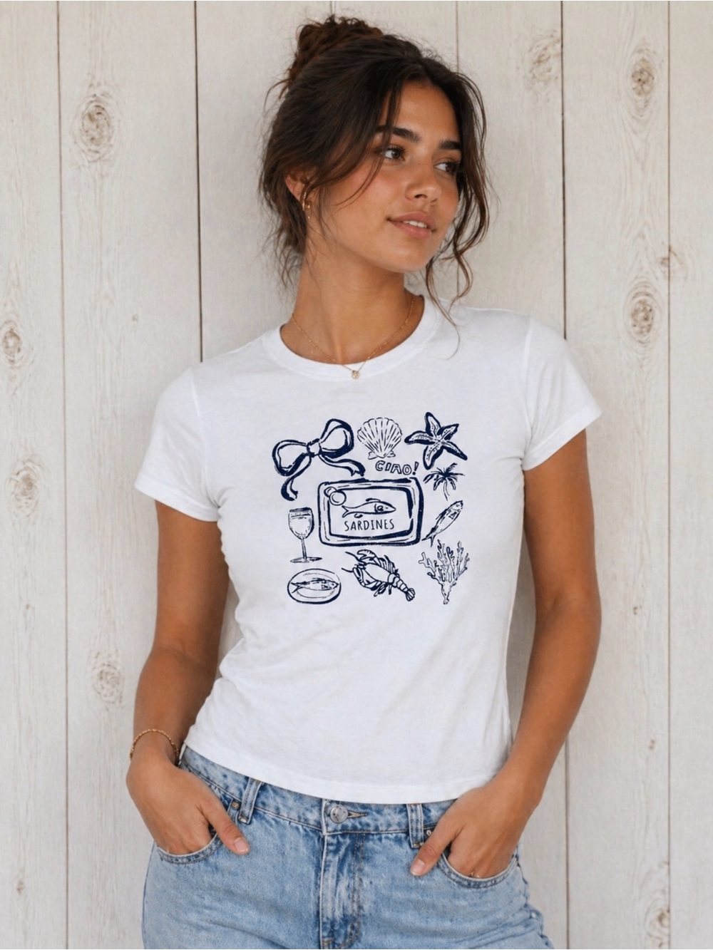 Bear Dance Coastal Graphic Baby Tee ~ Seaside Sketch Ciao Shell Starfish~ Size L
